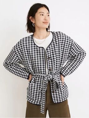 Madewell (Re)sourced Gingham Quilted Tie Jacket Button Front Belt Shacket L